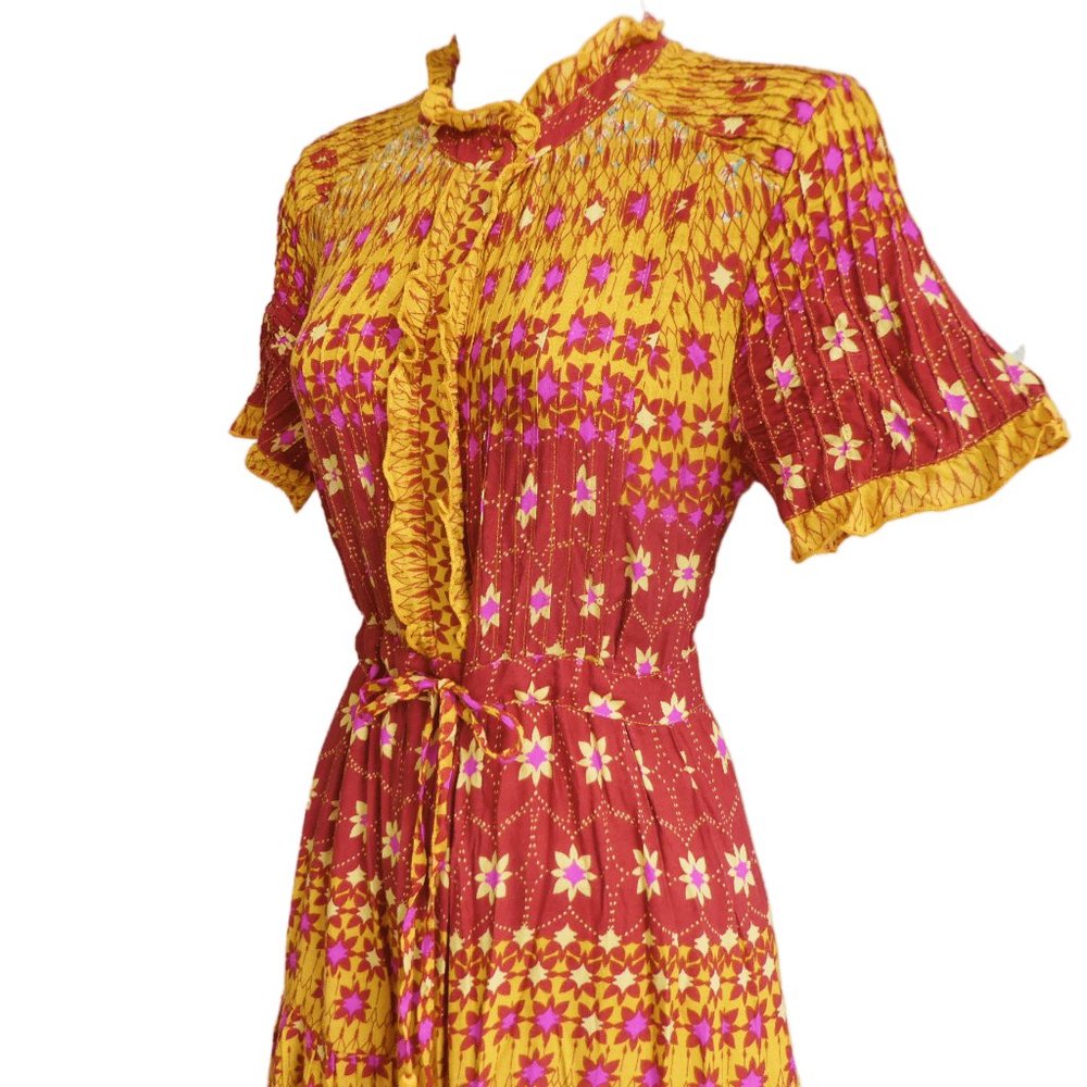 Free People Midi Dress Rare Feeling Goldenrod Combo Ruffled Pintuck Drawstring S